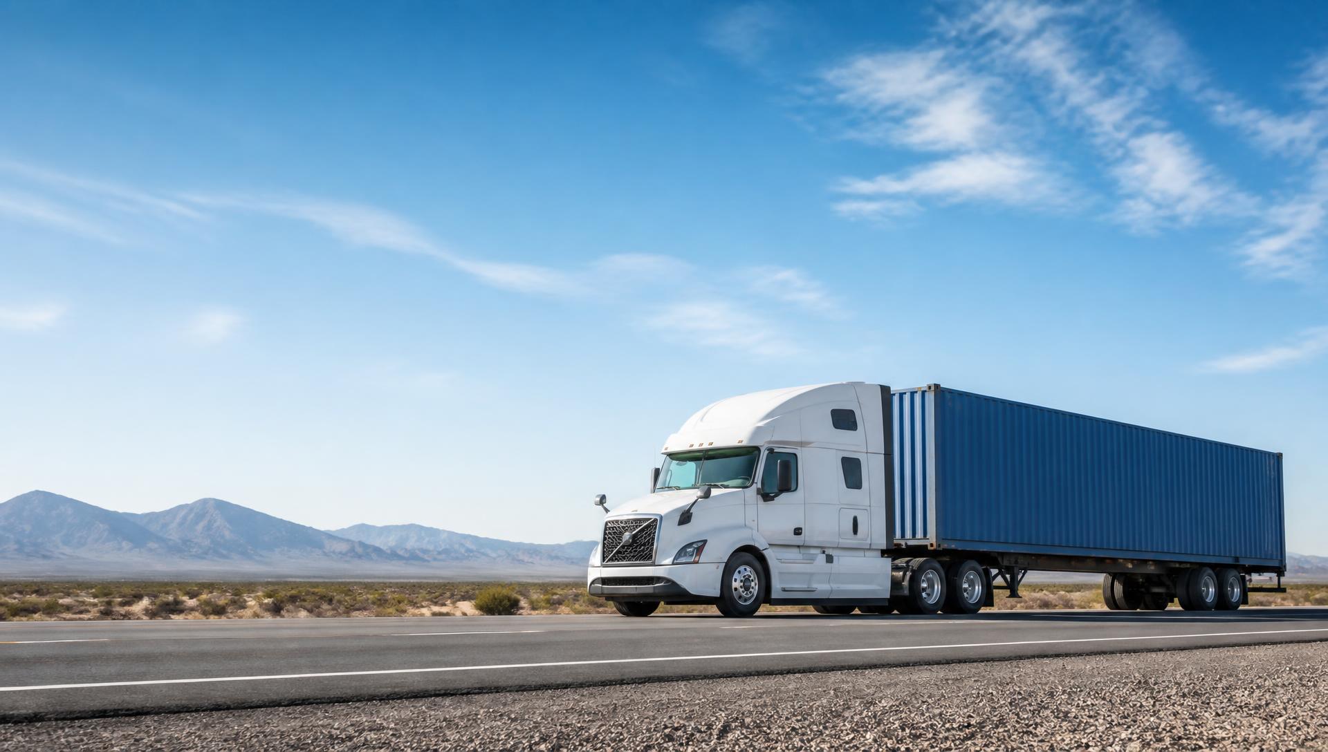 Tráiler con contenedor circulando por carretera abierta.