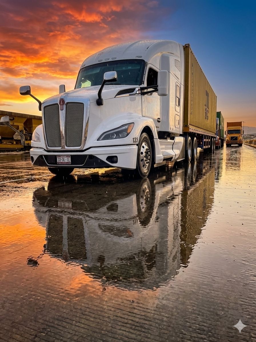 Tráiler de GONTAINER con contenedor listo para salir a carretera al atardecer.