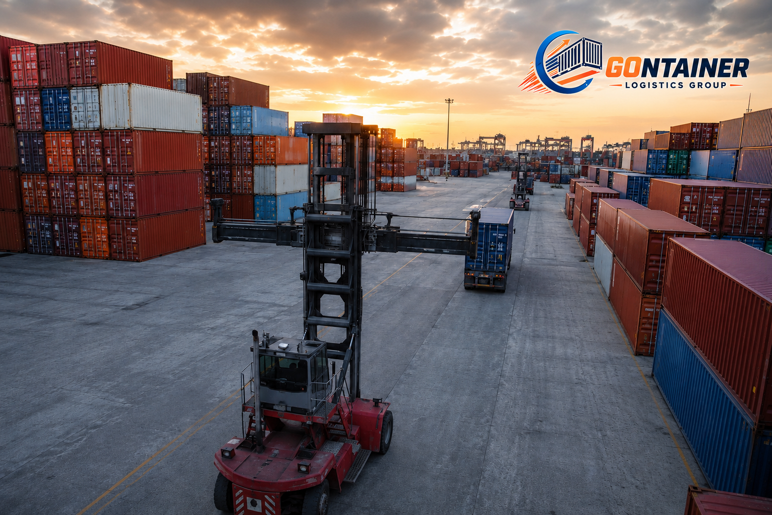 Terminal de contenedores en el puerto con reach stacker en maniobra.